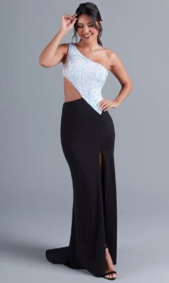 One-Shoulder Black And White Long Formal Dress