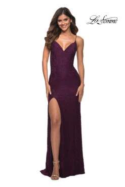 La Femme Beaded-Lace V-Neck Long Prom Dress -SIMPLY DRESS SALE 29700 DarkBerry F
