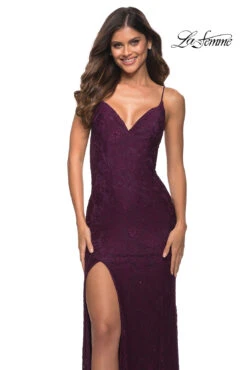 La Femme Beaded-Lace V-Neck Long Prom Dress -SIMPLY DRESS SALE 29700 DarkBerry F2