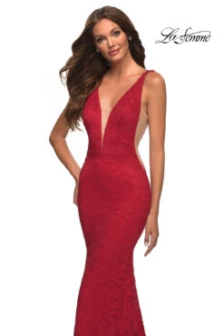 La Femme Plunging V-Neck Long Lace Prom Dress -SIMPLY DRESS SALE 29732 Red F4