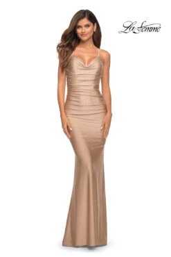Ruched Open-Back Long Beaded La Femme Prom Dress -SIMPLY DRESS SALE 30413 Nude F