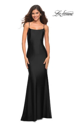 Low V-Back La Femme Long Prom Dress With Train -SIMPLY DRESS SALE 30458 black dress LF 22 30458 a