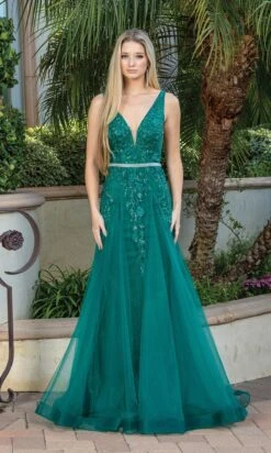 Floral-Embellished Long V-Neck Prom Dress 4311