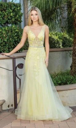 Floral-Embellished Long V-Neck Prom Dress 4311 -SIMPLY DRESS SALE 4311yellow 3