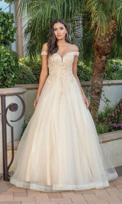 Off-the-Shoulder Glitter-Tulle Long Prom Ball Gown -SIMPLY DRESS SALE 4316champagne 1
