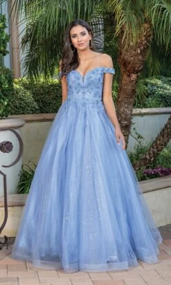 Off-the-Shoulder Glitter-Tulle Long Prom Ball Gown