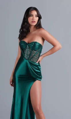 Dark Green Sheer-Bodice Long Satin Gown PK3005 12 Dark Green Sheer-Bodice Long Satin Gown PK3005 -SIMPLY DRESS SALE 48 PK3005 3 crop