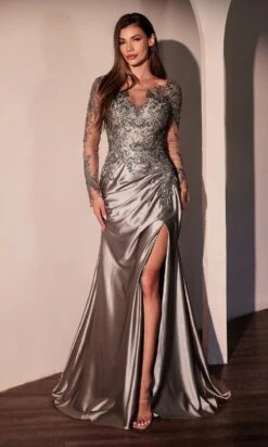 Ladivine Long Formal Dress CDS505 -SIMPLY DRESS SALE CDS505 GRAPHITE SILVER FRONT long prom dresses