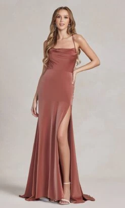 Strappy-Back Cowl-Neck Long Prom Dress E1068 -SIMPLY DRESS SALE E1068 BROWN 1