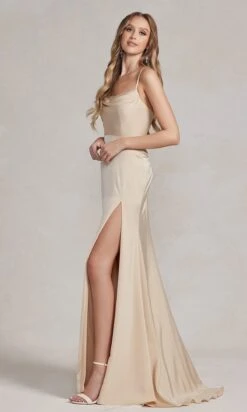Strappy-Back Cowl-Neck Long Prom Dress E1068 -SIMPLY DRESS SALE E1068 CHAMPAGNE 2