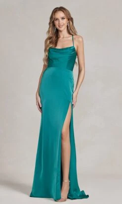 Strappy-Back Cowl-Neck Long Prom Dress E1068 -SIMPLY DRESS SALE E1068 GREEN 1
