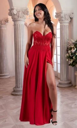 Red Strapless Sheer-Bodice Long Prom Dress