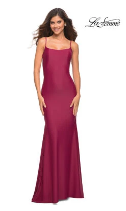 Low V-Back La Femme Long Prom Dress With Train -SIMPLY DRESS SALE berry dress LF 22 30458 a