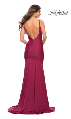 Low V-Back La Femme Long Prom Dress With Train -SIMPLY DRESS SALE berry dress LF 22 30458 b