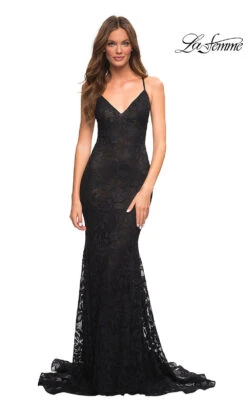 La Femme Open-Back V-Neck Long Lace Prom Dress