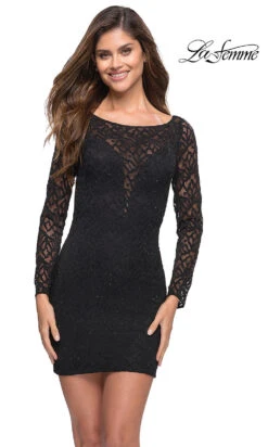 La Femme Long-Sleeve Short Black Homecoming Dress
