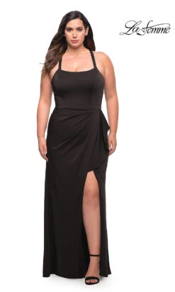 Side Drape La Femme Long Plus-Size Formal Dress -SIMPLY DRESS SALE black dress LF 22 P29634 a