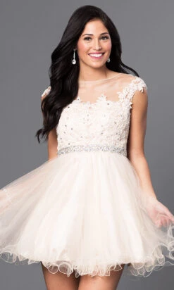 Embroidered Short Babydoll Formal Homecoming Dress -SIMPLY DRESS SALE champagne dress DQ 9489 a