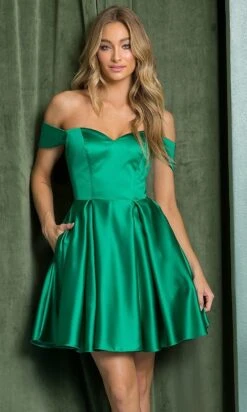 Off-Shoulder Short Homecoming Dress With Pockets -SIMPLY DRESS SALE emerald dress NA 22 R773 a