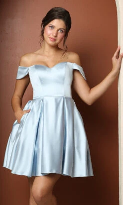 Off-Shoulder Short Homecoming Dress With Pockets -SIMPLY DRESS SALE light blue dress NA 22 R773 a