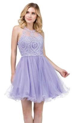High-Neck Babydoll Fancy Short Homecoming Dress -SIMPLY DRESS SALE lilac dress DQ 21 2156 a