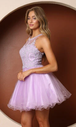Sheer-Bodice Short Babydoll Homecoming Dress 19 Sheer-Bodice Short Babydoll Homecoming Dress -SIMPLY DRESS SALE lilac dress NA 22 B652 a