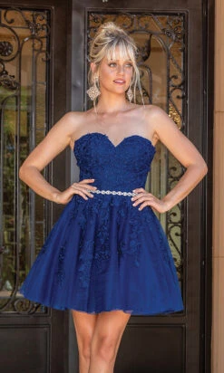 Beaded-Waist Strapless Short Party Dress -SIMPLY DRESS SALE navy dress DQ 21 3271 a