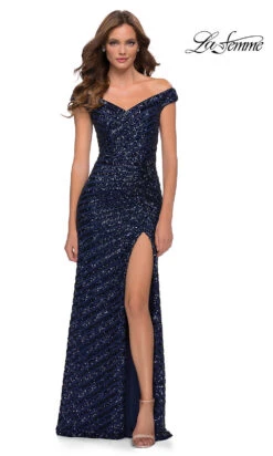 La Femme Navy Blue Sequin-Striped Long Prom Dress