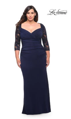 La Femme Lace-Sleeve Long Plus-Size Formal Dress -SIMPLY DRESS SALE navy dress LF 22 P29586 a
