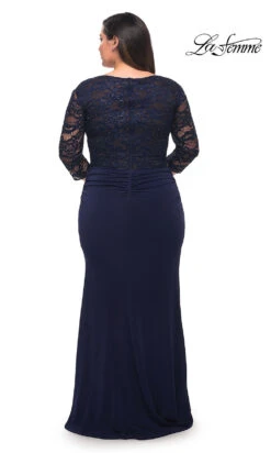 La Femme Lace-Sleeve Long Plus-Size Formal Dress -SIMPLY DRESS SALE navy dress LF 22 P29586 b