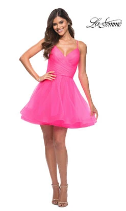 La Femme Neon Pink Short A-Line Homecoming Dress -SIMPLY DRESS SALE neon pink dress LF 21 30345 c