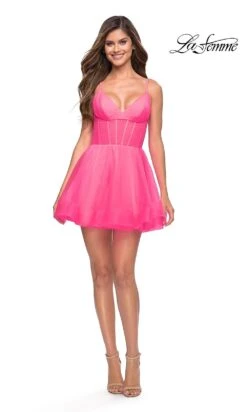 Neon Pink Short La Femme Homecoming Dress -SIMPLY DRESS SALE neon pink dress LF 22 30942 c