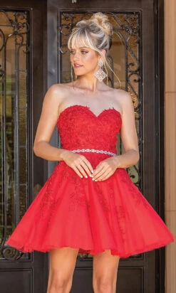 Beaded-Waist Strapless Short Party Dress -SIMPLY DRESS SALE red dress DQ 21 3271 a