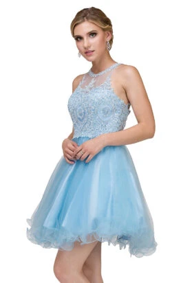 High-Neck Babydoll Fancy Short Homecoming Dress -SIMPLY DRESS SALE sky blue dress DQ 21 2156 a