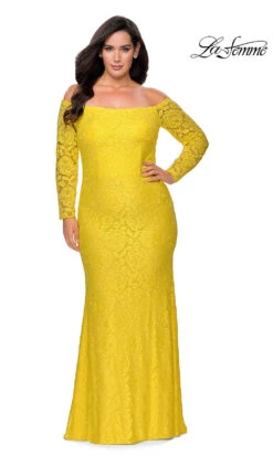 La Femme Long Lace Plus-Size Formal Prom Dress -SIMPLY DRESS SALE yellow dress LF 21 P28859 a